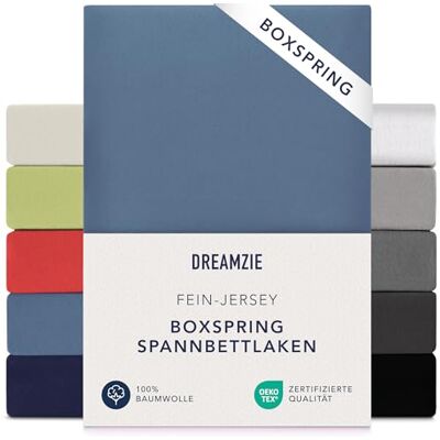 Dreamzie Premium Spannbettlaken 140x200 cm 160x200 cm 37cm Seitenhöhe auch für Boxspringbett & Wasserbett Bettlaken Boxspringbett 100% Jersey Baumwolle, 150 g/m² Oeko-TEX Blau Dreamzie Premium Spannbettlaken 140x200 cm 160x200 cm 37cm Seitenhöhe auch für Boxspringbett & Wasserbett Bettlaken Boxspringbett 100% Jersey Baumwolle, 150 g/m² Oeko-TEX Blau