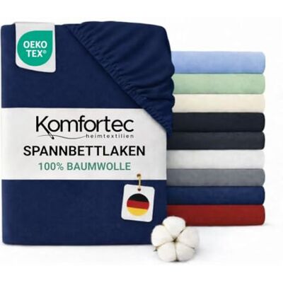 Komfortec Spannbettlaken Jersey 100% Baumwolle – 90x200 cm – 135g/m² – Weich, Atmungsaktiv & Hautfreundlich – Mit Rundumgummi – Oeko-Tex Zertifiziert – Für Boxspring, Topper & Matratzen – Blau Komfortec Spannbettlaken Jersey 100% Baumwolle – 90x200 cm – 135g/m² – Weich, Atmungsaktiv & Hautfreundlich – Mit Rundumgummi – Oeko-Tex Zertifiziert – Für Boxspring, Topper & Matratzen – Blau