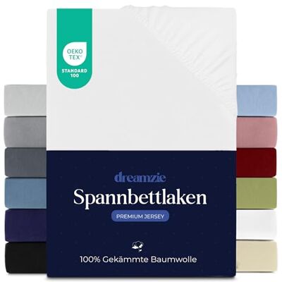 Dreamzie Premium Spannbettlaken 180x200 cm, Spannbetttuch für Dicke Matratzen bis zu 27 cm, Bettlaken 100% Jersey Baumwolle, 150 g/m², Oeko-TEX Zertifiziert Weiß Dreamzie Premium Spannbettlaken 180x200 cm, Spannbetttuch für Dicke Matratzen bis zu 27 cm, Bettlaken 100% Jersey Baumwolle, 150 g/m², Oeko-TEX Zertifiziert Weiß