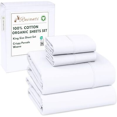 RUVANTI Bettlaken aus 100% Bio-Baumwolle, King-Size-Größe, Perkal-Gewebe, GOTS-Zertifiziert, 4-teiliges Set, Tiefe Tasche 38,1 cm, knackig und atmungsaktiv, weiche, strapazierfähige Bettwäsche RUVANTI Bettlaken aus 100% Bio-Baumwolle, King-Size-Größe, Perkal-Gewebe, GOTS-Zertifiziert, 4-teiliges Set, Tiefe Tasche 38,1 cm, knackig und atmungsaktiv, weiche, strapazierfähige Bettwäsche