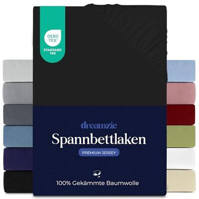 Dreamzie Premium Spannbettlaken 70x200 cm, Spannbetttuch für Dicke Matratzen bis zu 12 cm, Bettlaken 100% Jersey Baumwolle, 150 g/m², Oeko-TEX Zertifiziert Schwarz Dreamzie Premium Spannbettlaken 70x200 cm, Spannbetttuch für Dicke Matratzen bis zu 12 cm, Bettlaken 100% Jersey Baumwolle, 150 g/m², Oeko-TEX Zertifiziert Schwarz