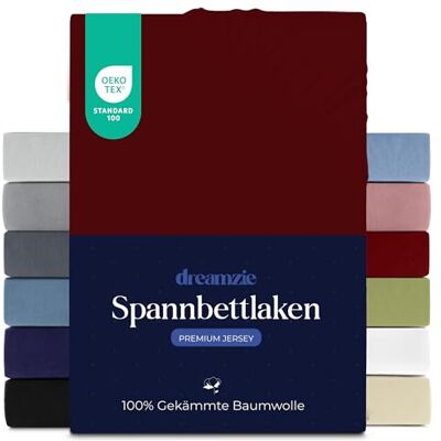 Dreamzie Premium Spannbettlaken 100x200 cm, Bettlaken 100% Jersey Baumwolle, Spannbetttuch für Dicke Matratzen bis zu 22 cm, 150 g/m², Oeko-TEX Zertifiziert Burgunderrot Dreamzie Premium Spannbettlaken 100x200 cm, Bettlaken 100% Jersey Baumwolle, Spannbetttuch für Dicke Matratzen bis zu 22 cm, 150 g/m², Oeko-TEX Zertifiziert Burgunderrot