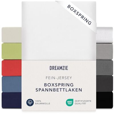 Dreamzie Premium Spannbettlaken 140x200 cm 160x200 cm 37cm Seitenhöhe auch für Boxspringbett & Wasserbett Bettlaken Boxspringbett 100% Jersey Baumwolle, 150 g/m² Oeko-TEX Weiß Dreamzie Premium Spannbettlaken 140x200 cm 160x200 cm 37cm Seitenhöhe auch für Boxspringbett & Wasserbett Bettlaken Boxspringbett 100% Jersey Baumwolle, 150 g/m² Oeko-TEX Weiß