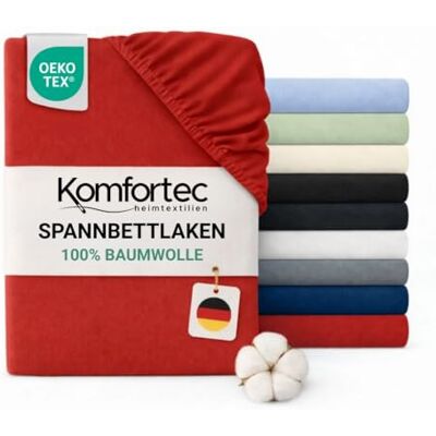 Komfortec Spannbettlaken Jersey 100% Baumwolle – 140x200 cm – 135g/m² – Weich, Atmungsaktiv & Hautfreundlich – Mit Rundumgummi – Oeko-Tex Zertifiziert – Für Boxspring, Topper & Matratzen – Aurorarot Komfortec Spannbettlaken Jersey 100% Baumwolle – 140x200 cm – 135g/m² – Weich, Atmungsaktiv & Hautfreundlich – Mit Rundumgummi – Oeko-Tex Zertifiziert – Für Boxspring, Topper & Matratzen – Aurorarot