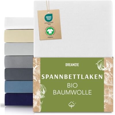 Dreamzie Spannbettlaken 90x200cm 100x200cm cm Premium 150 g/m² 100% Biobaumwolle Jersey Oeko-Tex Spannbetttuch Weiß Dreamzie Spannbettlaken 90x200cm 100x200cm cm Premium 150 g/m² 100% Biobaumwolle Jersey Oeko-Tex Spannbetttuch Weiß