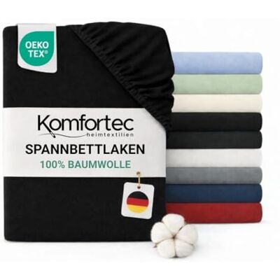 Komfortec Spannbettlaken Jersey 100% Baumwolle – 90x200 cm – 135g/m² – Weich, Atmungsaktiv & Hautfreundlich – Mit Rundumgummi – Oeko-Tex Zertifiziert – Für Boxspring, Topper & Matratzen – Schwarz Komfortec Spannbettlaken Jersey 100% Baumwolle – 90x200 cm – 135g/m² – Weich, Atmungsaktiv & Hautfreundlich – Mit Rundumgummi – Oeko-Tex Zertifiziert – Für Boxspring, Topper & Matratzen – Schwarz