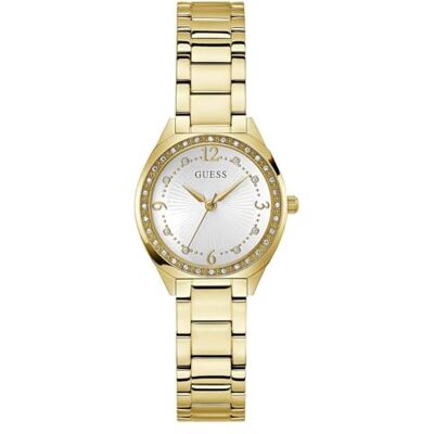 Guess Damen Armbanduhr Charlotte mit Zirkonia, goldfarbenes Edelstahlarmband, Mineral Glas, silberfarbenes Ziffernblatt, 3 Bar, Gehäusedurchmesser: 30 mm, GW0767L2 Guess Damen Armbanduhr Charlotte mit Zirkonia, goldfarbenes Edelstahlarmband, Mineral Glas, silberfarbenes Ziffernblatt, 3 Bar, Gehäusedurchmesser: 30 mm, GW0767L2