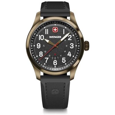WENGER Herren Armbanduhr Terragraph, Ø 43 mm, Swiss Made, Analog Quarz, Wasserdicht bis 100 m, Silikon-Armband, Schwarz/Bronze, 01.0541.125 WENGER Herren Armbanduhr Terragraph, Ø 43 mm, Swiss Made, Analog Quarz, Wasserdicht bis 100 m, Silikon-Armband, Schwarz/Bronze, 01.0541.125