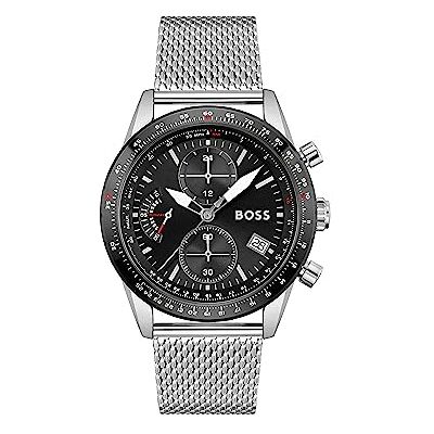 Boss Chronograph Quarz Uhr für Herren Kollektion Pilot Edition Chrono mit Silbernes Edelstahl-Mesh-Gliederarmband 1513886 Boss Chronograph Quarz Uhr für Herren Kollektion Pilot Edition Chrono mit Silbernes Edelstahl-Mesh-Gliederarmband 1513886