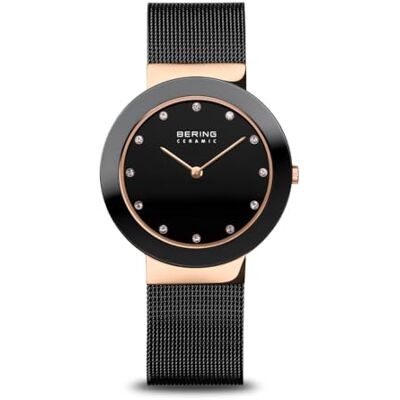 BERING Damen Quarz Uhr Armbanduhr 35 mm roségoldenes Edelstahlgehäuse und schwarzes Zifferblatt Milanaisearmband Saphierglas 5 ATM 11435-166 BERING Damen Quarz Uhr Armbanduhr 35 mm roségoldenes Edelstahlgehäuse und schwarzes Zifferblatt Milanaisearmband Saphierglas 5 ATM 11435-166