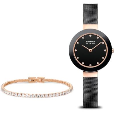 BERING Damen Quarz Uhr Armbanduhr 29 mm roségoldenes Edelstahlgehäuse und schwarzes Zifferblatt Milanaisearmband Saphierglas 5 ATM 11429-166-GWP1 BERING Damen Quarz Uhr Armbanduhr 29 mm roségoldenes Edelstahlgehäuse und schwarzes Zifferblatt Milanaisearmband Saphierglas 5 ATM 11429-166-GWP1