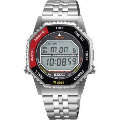 Seiko SMGG19P1 Herren Digitaluhr mit schwarzem und rotem Zifferblatt und silbernem Armband Seiko SMGG19P1 Herren Digitaluhr mit schwarzem und rotem Zifferblatt und silbernem Armband