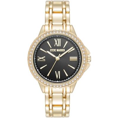 Steve Madden Frauen echtes kristallakentisches Armband Uhr,Gold/Schwarz Steve Madden Frauen echtes kristallakentisches Armband Uhr,Gold/Schwarz