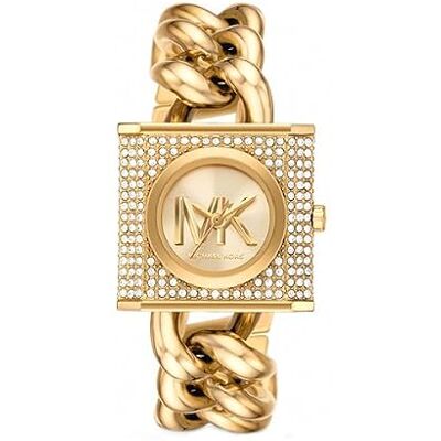 Michael Kors Chain Lock Uhr für Damen, Quarzwerk mit Edelstahl- oder Lederarmband, Gold-Ton, 25MM Michael Kors Chain Lock Uhr für Damen, Quarzwerk mit Edelstahl- oder Lederarmband, Gold-Ton, 25MM