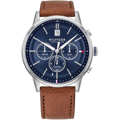 Tommy Hilfiger Herren Multifunktions-Quarzuhr mit 44 mm Marineblaues Zifferblatt, Heller Braun Lederarmband, 3 Unterzifferblätter, Wasserfest bis 5ATM 1791629 Tommy Hilfiger Herren Multifunktions-Quarzuhr mit 44 mm Marineblaues Zifferblatt, Heller Braun Lederarmband, 3 Unterzifferblätter, Wasserfest bis 5ATM 1791629