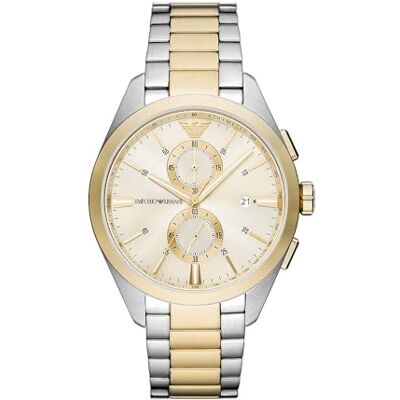 Giorgio Armani Watch for Men, 2 sub dial Chronograph Movement and 43mm Case Size with Stainless Steel, Leather or Silicone Strap Silberton und Goldton, 43MM Giorgio Armani Watch for Men, 2 sub dial Chronograph Movement and 43mm Case Size with Stainless Steel, Leather or Silicone Strap Silberton und Goldton, 43MM