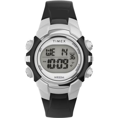 Timex Sport Unisex-Armbanduhr, 33 mm, schwarzes Kunstharzarmband, digitales Zifferblatt, silberfarbenes Gehäuse TW5M61300 Timex Sport Unisex-Armbanduhr, 33 mm, schwarzes Kunstharzarmband, digitales Zifferblatt, silberfarbenes Gehäuse TW5M61300