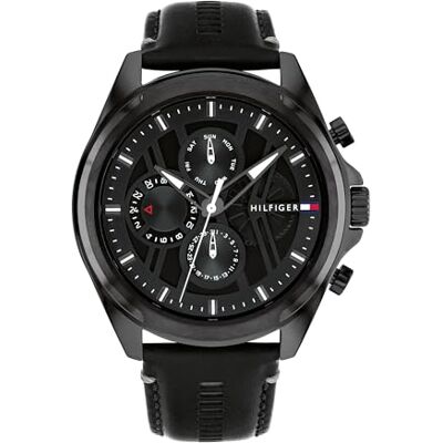 Tommy Hilfiger Multi Zifferblatt Quarz Uhr für Herren mit Schwarzes Lederarmband 1710654 Tommy Hilfiger Multi Zifferblatt Quarz Uhr für Herren mit Schwarzes Lederarmband 1710654