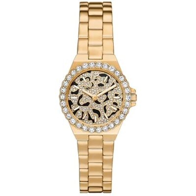 Michael Kors Lennox Uhr für Damen, Quarzwerk mit Edelstahl- oder Lederarmband, Goldton und schwarzer Glitter, 30MM Michael Kors Lennox Uhr für Damen, Quarzwerk mit Edelstahl- oder Lederarmband, Goldton und schwarzer Glitter, 30MM