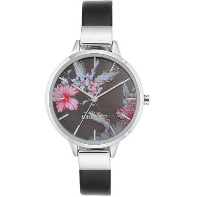 NINE WEST Women's Floral Dial Strap Watch Black/Silver NINE WEST Women's Floral Dial Strap Watch Black/Silver