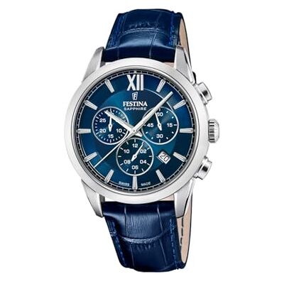 Festina Swiss Made Herrenuhr Analog Leder Blau Quarz Chronograph, Datum Saphirglas, Wasserdicht 10 ATM Elegant F20041/2 Chrono Festina Swiss Made Herrenuhr Analog Leder Blau Quarz Chronograph, Datum Saphirglas, Wasserdicht 10 ATM Elegant F20041/2 Chrono