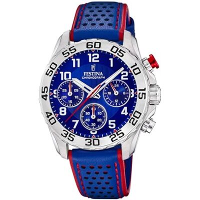 Festina Jungenuhr Chronograph aus Leder Blau rot Festina Jungenuhr Chronograph aus Leder Blau rot