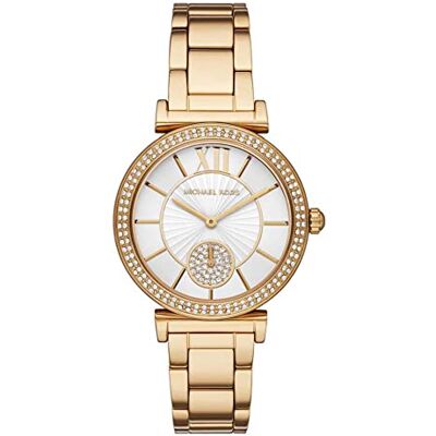 Michael Kors Damen Quartz Armbanduhr, 36.00mm Gehäusegröße mit weiß analog Zifferblatt und Gold Metallarmband Armband MK4615 Michael Kors Damen Quartz Armbanduhr, 36.00mm Gehäusegröße mit weiß analog Zifferblatt und Gold Metallarmband Armband MK4615