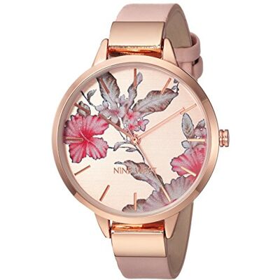 NINE WEST Women's Floral Dial Strap Watch Pink NINE WEST Women's Floral Dial Strap Watch Pink