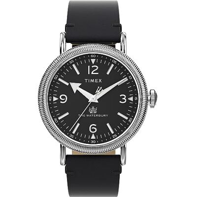 Timex Waterbury Herren-Armbanduhr, 40 mm, schwarzes, zweiteiliges Lederarmband mit Schnellverschluss, schwarzes Zifferblatt, silberfarbenes Gehäuse TW2W20200 Timex Waterbury Herren-Armbanduhr, 40 mm, schwarzes, zweiteiliges Lederarmband mit Schnellverschluss, schwarzes Zifferblatt, silberfarbenes Gehäuse TW2W20200