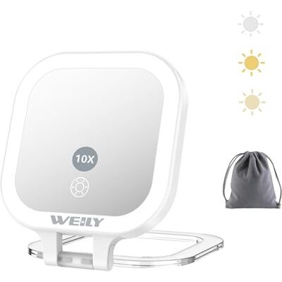 WEILY Taschenspiegel mit Beleuchtung, 10X/1X Vergrößerung Doppelseitiger Reisespiegel, mit 3 Farblichtern, Touch Steuerung, Wiederaufladbarer Tragbarer Spiegel für Schlafzimmer und Badezimmer WEILY Taschenspiegel mit Beleuchtung, 10X/1X Vergrößerung Doppelseitiger Reisespiegel, mit 3 Farblichtern, Touch Steuerung, Wiederaufladbarer Tragbarer Spiegel für Schlafzimmer und Badezimmer