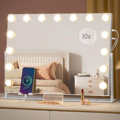SONGMICS Schminkspiegel mit Beleuchtung, 58 x 43 cm, Kosmetikspiegel mit 15 LED-Glühbirnen, mit Ladeanschlüssen, Touch-Steuerung, 3 Lichtfarben, dimmbar, Handyhalter, mattweiß LWM001W02 SONGMICS Schminkspiegel mit Beleuchtung, 58 x 43 cm, Kosmetikspiegel mit 15 LED-Glühbirnen, mit Ladeanschlüssen, Touch-Steuerung, 3 Lichtfarben, dimmbar, Handyhalter, mattweiß LWM001W02