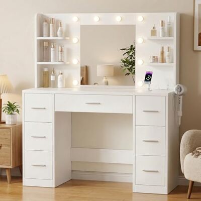 JUMMICO Große Schminktisch mit Verstellbaren LED-Beleuchtung und Steckdosen, Schminktisch mit Spiegel und 7 Schubladen, Fashionabler Frisiertisch Mit 10 LED Beleuchtung Schlafzimmer, Weiß JUMMICO Große Schminktisch mit Verstellbaren LED-Beleuchtung und Steckdosen, Schminktisch mit Spiegel und 7 Schubladen, Fashionabler Frisiertisch Mit 10 LED Beleuchtung Schlafzimmer, Weiß