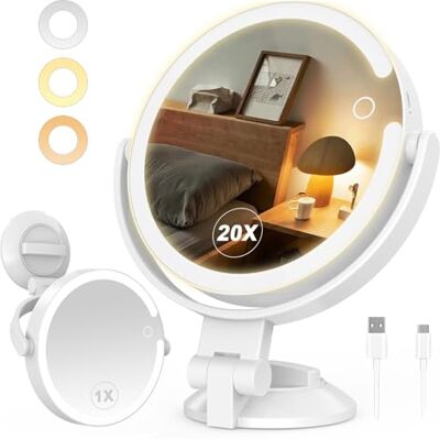 SURFOU Vergrößerungsspiegel mit Saugnapf 20 Fache, mit Beleuchtungm 3 Farbmodi & Dimmbar, 8 Zoll Spiegel mit Beleuchtungm, Kosmetikspiegel für Badezimmer, Make-up SURFOU Vergrößerungsspiegel mit Saugnapf 20 Fache, mit Beleuchtungm 3 Farbmodi & Dimmbar, 8 Zoll Spiegel mit Beleuchtungm, Kosmetikspiegel für Badezimmer, Make-up