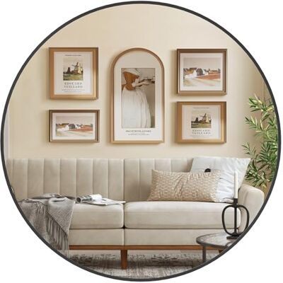 SONGMICS 91 cm d Spiegel rund, runder Spiegel, Wandspiegel, Metallrahmen, einfache Montage, modern, für Bad, Wohnzimmer, Schlafzimmer, Flur, Eingangsbereich, tintenschwarz LWM105B01 SONGMICS 91 cm d Spiegel rund, runder Spiegel, Wandspiegel, Metallrahmen, einfache Montage, modern, für Bad, Wohnzimmer, Schlafzimmer, Flur, Eingangsbereich, tintenschwarz LWM105B01