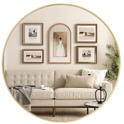 SONGMICS 80 cm d Spiegel rund, runder Spiegel, Wandspiegel, Metallrahmen, einfache Montage, modern, für Bad, Wohnzimmer, Schlafzimmer, Flur, Eingangsbereich, metallisches Gold LWM108AB01 SONGMICS 80 cm d Spiegel rund, runder Spiegel, Wandspiegel, Metallrahmen, einfache Montage, modern, für Bad, Wohnzimmer, Schlafzimmer, Flur, Eingangsbereich, metallisches Gold LWM108AB01