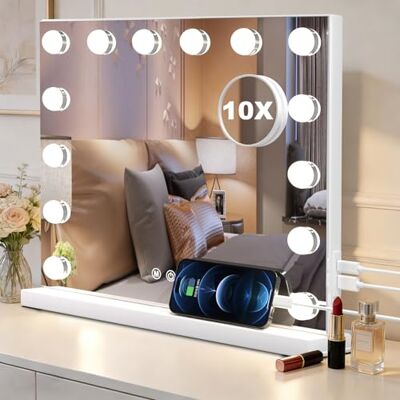 SURFOU Hollywood Schminktischspiegel mit Beleuchtung, Schminkspiegel 14 LED-Lichter mit 3 Farbtemperaturen Licht, dimmbarer Kosmetikspiegel mit Ladeanschlüssen, Touch Control, 50 x 40 cm (Weiß) SURFOU Hollywood Schminktischspiegel mit Beleuchtung, Schminkspiegel 14 LED-Lichter mit 3 Farbtemperaturen Licht, dimmbarer Kosmetikspiegel mit Ladeanschlüssen, Touch Control, 50 x 40 cm (Weiß)