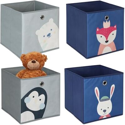 Relaxdays 4er Set, Kinder Aufbewahrungsboxen, süße Tier-Motive, Faltbox für Würfelregale, HBT: 30x30x30 cm, Textil, bunt Relaxdays 4er Set, Kinder Aufbewahrungsboxen, süße Tier-Motive, Faltbox für Würfelregale, HBT: 30x30x30 cm, Textil, bunt