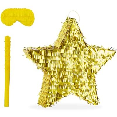 Relaxdays Pinata Stern, mit Stab & Maske, glänzende Partypinata Kinder, Geburtstag, zum Befüllen, HBT: 43x45x9 cm, gold Relaxdays Pinata Stern, mit Stab & Maske, glänzende Partypinata Kinder, Geburtstag, zum Befüllen, HBT: 43x45x9 cm, gold