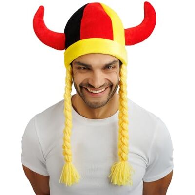 Chaks Helm mit Hörnern und Zöpfen, Fan Kostüm Accessoire, Stoffhelm für Fan Outfits bei WM, EM und Public Viewing Chaks Helm mit Hörnern und Zöpfen, Fan Kostüm Accessoire, Stoffhelm für Fan Outfits bei WM, EM und Public Viewing