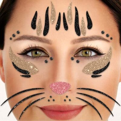 Party Factory Face Tattoo Katze, temporäres Glitter Gesichtstattoo für Motto Party, Halloween & Karneval, Kinder & Erwachsene Party Factory Face Tattoo Katze, temporäres Glitter Gesichtstattoo für Motto Party, Halloween & Karneval, Kinder & Erwachsene