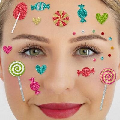 Party Factory Face Tattoo Candy Party, temporäres Glitter Gesichtstattoo für Motto Party, Halloween & Karneval, Kinder & Erwachsene Party Factory Face Tattoo Candy Party, temporäres Glitter Gesichtstattoo für Motto Party, Halloween & Karneval, Kinder & Erwachsene