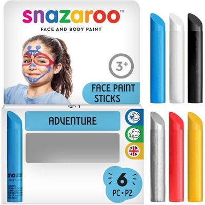Snazaroo 1172021 Schminkstifte im Set Adventure 6 Gesichts- und Körperfarben, Hautfreundlich, Abwaschbar auf Wasserbasis -Perfekt für Halloween, Feiertags-Make-up, Karneval Snazaroo 1172021 Schminkstifte im Set Adventure 6 Gesichts- und Körperfarben, Hautfreundlich, Abwaschbar auf Wasserbasis -Perfekt für Halloween, Feiertags-Make-up, Karneval