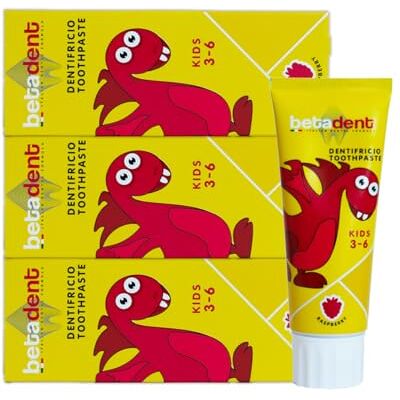 BETADENT Set mit 3 Zahnpasten für Kinder von 3 – 6 Jahren. Himbeergeschmack. Anti-Plaque- und Karieswirkung, ausgewogene Dosierung von Fluorsalz bei einer Konzentration von 430 ppm F. 3 x 75 ml BETADENT Set mit 3 Zahnpasten für Kinder von 3 – 6 Jahren. Himbeergeschmack. Anti-Plaque- und Karieswirkung, ausgewogene Dosierung von Fluorsalz bei einer Konzentration von 430 ppm F. 3 x 75 ml