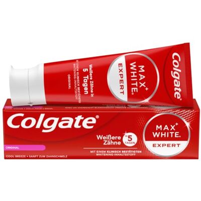 Colgate Zahnpasta Max White Expert, Für Weiße Zähne in 5 Tagen, 75 ml Zahncreme mit Whitening-Inhaltsstoff, Hellt Langzeitverfärbungen auf, Zahnpflege, Mit fortschrittlicher Poliertechnologie Colgate Zahnpasta Max White Expert, Für Weiße Zähne in 5 Tagen, 75 ml Zahncreme mit Whitening-Inhaltsstoff, Hellt Langzeitverfärbungen auf, Zahnpflege, Mit fortschrittlicher Poliertechnologie