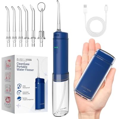 BARBERBOSS Pocket Flosser, Tragbare Munddusche, 6 austauschbare Aufsätze & USB-C-Ladefunktion, Reise-Munddusche mit 3 Druckstufen, QR-7116 (Navy) BARBERBOSS Pocket Flosser, Tragbare Munddusche, 6 austauschbare Aufsätze & USB-C-Ladefunktion, Reise-Munddusche mit 3 Druckstufen, QR-7116 (Navy)