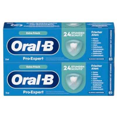 Oral-B Pro-Expert Zahnpasta, Frischer Atem, 2X 75ml 24 Stunden Schutz, Reduziert Plaque-Bakterien, Zahnreinigung mit Stannous Fluorid Technologie Oral-B Pro-Expert Zahnpasta, Frischer Atem, 2X 75ml 24 Stunden Schutz, Reduziert Plaque-Bakterien, Zahnreinigung mit Stannous Fluorid Technologie
