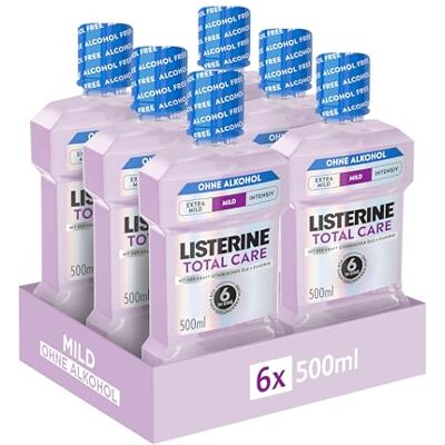 Listerine Total Care Mild Alkoholfrei, milde Mundspülung ohne Alkohol mit ätherischen Ölen und Fluorid, 6 in 1 Wirkung mit Kariesschutz und Plaque-Reduktion, milder Geschmack, 6x500 ml Listerine Total Care Mild Alkoholfrei, milde Mundspülung ohne Alkohol mit ätherischen Ölen und Fluorid, 6 in 1 Wirkung mit Kariesschutz und Plaque-Reduktion, milder Geschmack, 6x500 ml