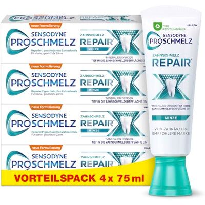 PROSCHMELZ Zahnpasta Sensodyne Repair, tägliche Zahncreme mit Fluorid, repariert nachweislich durch Säuren geschwächten Zahnschmelz, 4x75ml PROSCHMELZ Zahnpasta Sensodyne Repair, tägliche Zahncreme mit Fluorid, repariert nachweislich durch Säuren geschwächten Zahnschmelz, 4x75ml