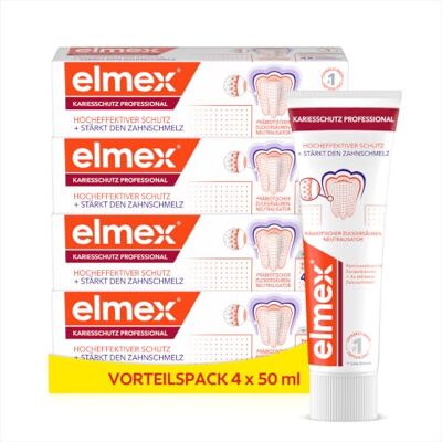 ELMEX Kariesschutz Professional Zahnpasta, 4x75ml – medizinische Zahnreinigung für hochwirksamen Kariesschutz – mit patentiertem Zuckersäuren-Neutralisator ELMEX Kariesschutz Professional Zahnpasta, 4x75ml – medizinische Zahnreinigung für hochwirksamen Kariesschutz – mit patentiertem Zuckersäuren-Neutralisator