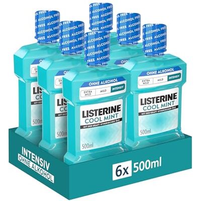 Listerine Cool Mint Intensiv Alkoholfrei,antibakterielles Mundwasser mit ätherischen Ölen, und ohne Alkohol, optimale Ergänzung zur täglichen Mundpflege, Geschmack mit intensiver Minze, 6x500 ml Listerine Cool Mint Intensiv Alkoholfrei,antibakterielles Mundwasser mit ätherischen Ölen, und ohne Alkohol, optimale Ergänzung zur täglichen Mundpflege, Geschmack mit intensiver Minze, 6x500 ml